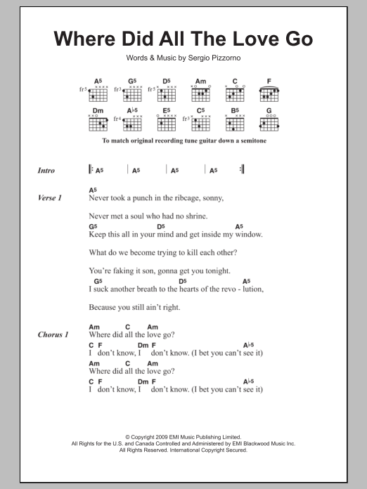 Kasabian Where Did All The Love Go Sheet Music Notes & Chords for Lyrics & Chords - Download or Print PDF