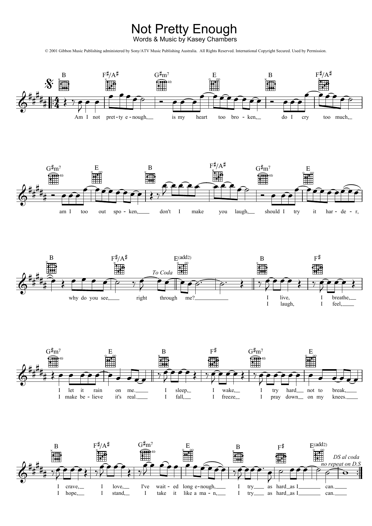 Kasey Chambers Not Pretty Enough Sheet Music Notes & Chords for Melody Line, Lyrics & Chords - Download or Print PDF