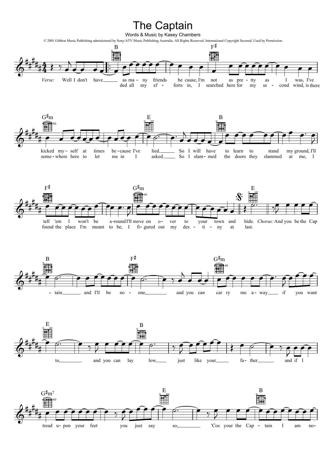 Kasey Chambers The Captain Sheet Music Notes & Chords for Melody Line, Lyrics & Chords - Download or Print PDF