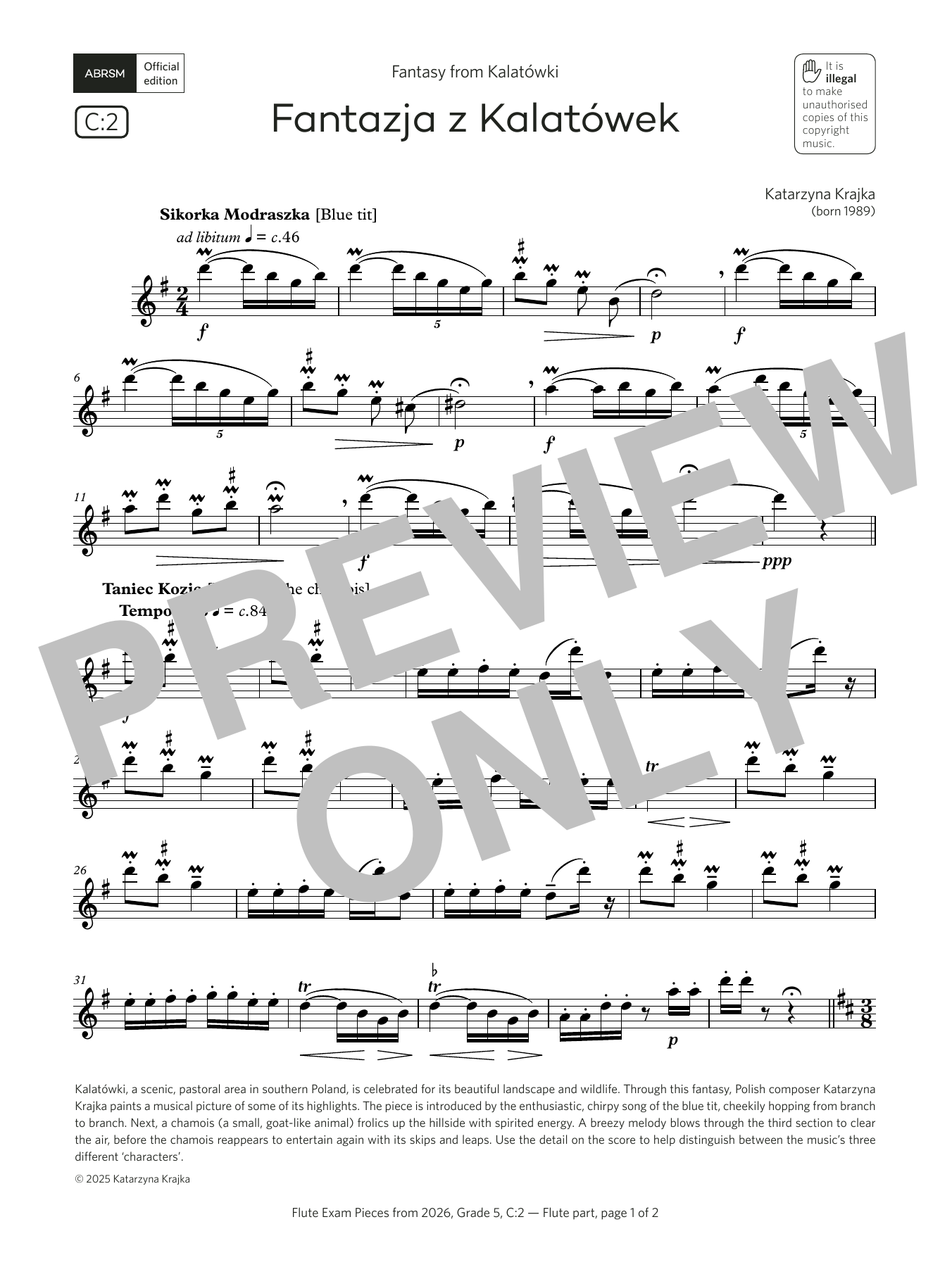 Katarzyna Krajka Fantazja z Kalatówek (Grade 5, list C2, from the ABRSM Flute Syllabus from 2026) Sheet Music Notes & Chords for Flute Solo - Download or Print PDF Katarzyna Krajka Fantazja z Kalatówek (Grade 5, list C2, from the ABRSM Flute Syllabus from 2026) Sheet Music Notes & Chords for Flute Solo - Download or Print PDF