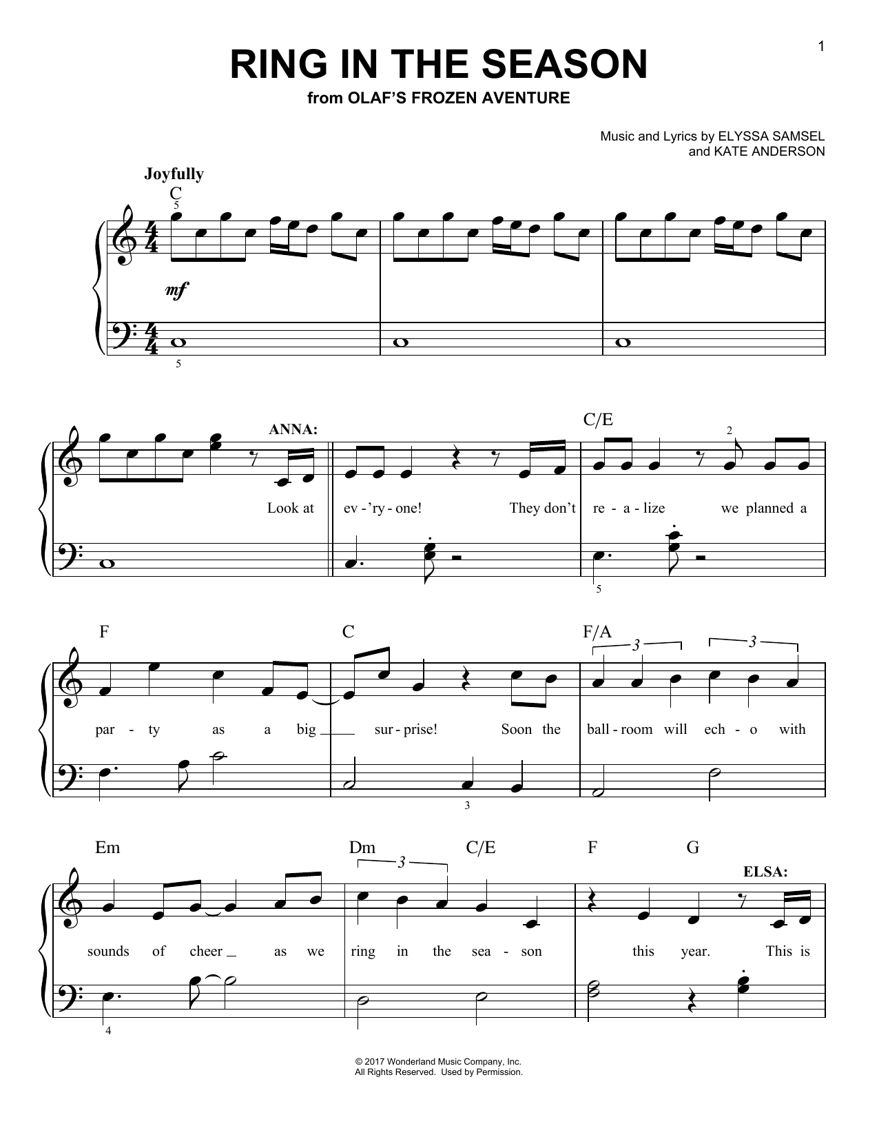Kate Anderson Ring In The Season (from Olaf's Frozen Adventure) Sheet Music Notes & Chords for Easy Piano - Download or Print PDF