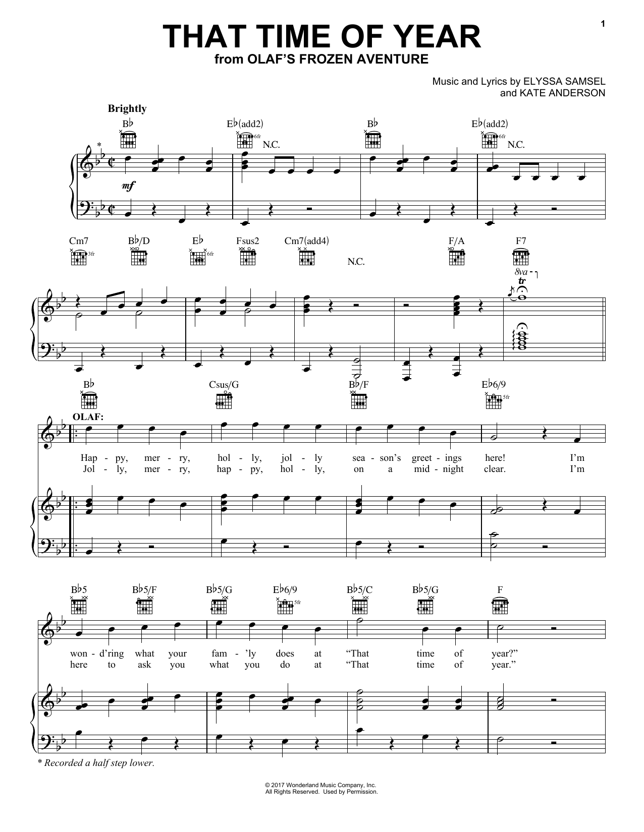Kate Anderson That Time Of Year Sheet Music Notes & Chords for Piano, Vocal & Guitar (Right-Hand Melody) - Download or Print PDF