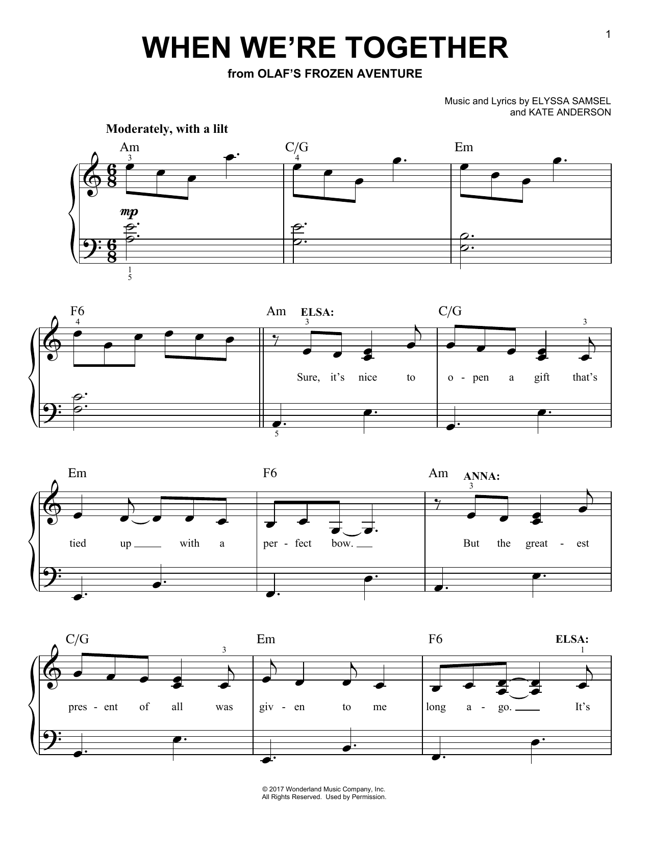 Kate Anderson When We're Together (from Olaf's Frozen Adventure) Sheet Music Notes & Chords for Easy Piano - Download or Print PDF