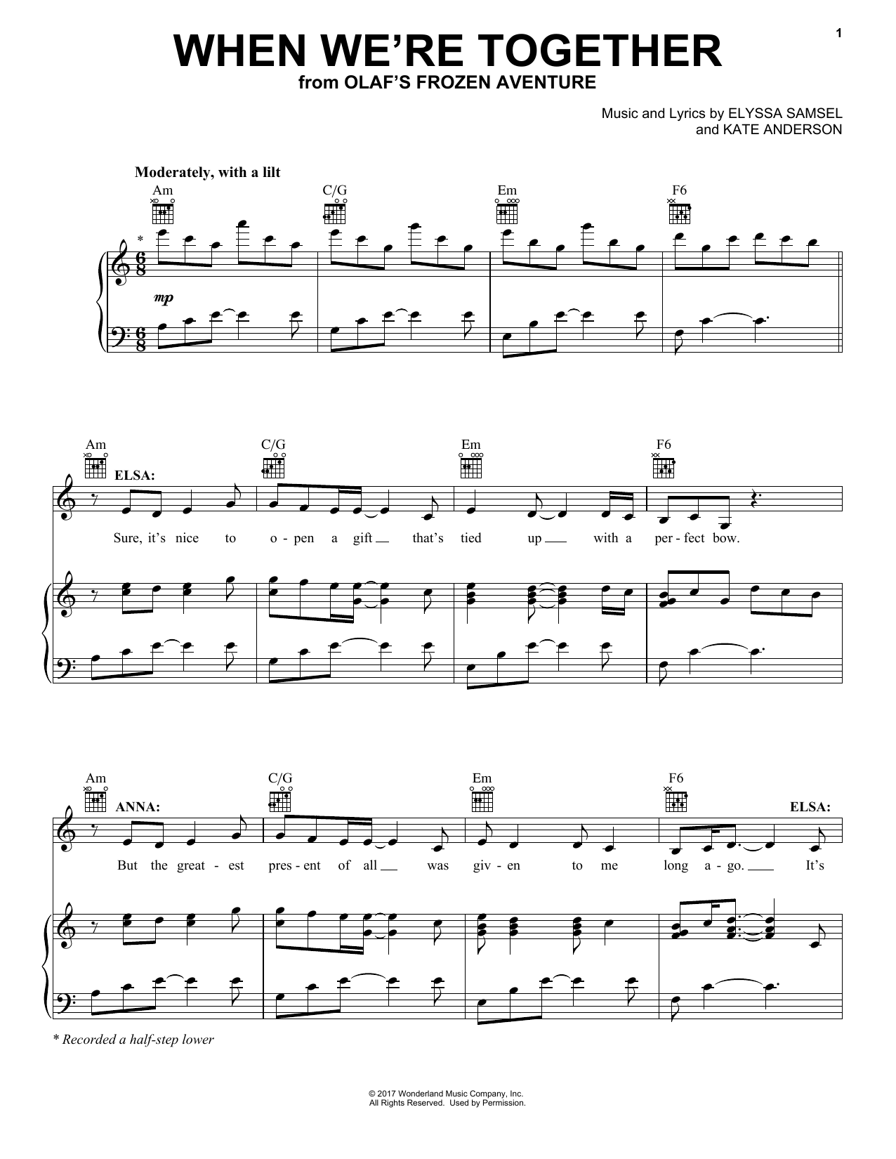Kate Anderson When We're Together Sheet Music Notes & Chords for Piano, Vocal & Guitar (Right-Hand Melody) - Download or Print PDF