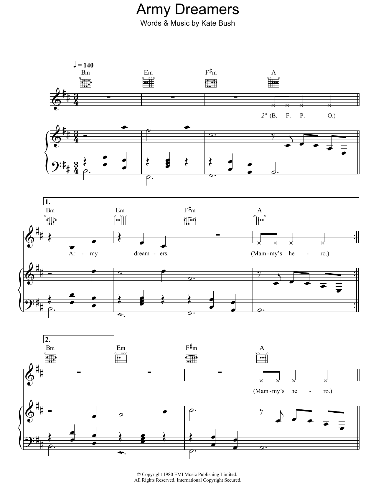 Kate Bush Army Dreamers Sheet Music Notes & Chords for Piano, Vocal & Guitar (Right-Hand Melody) - Download or Print PDF
