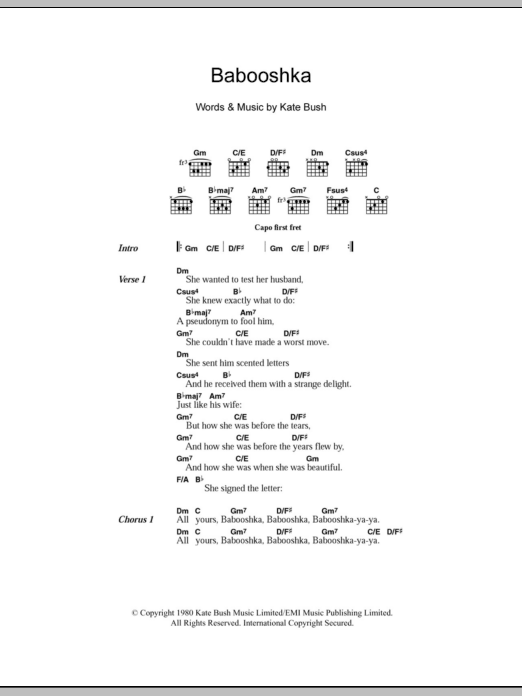 Kate Bush Babooshka Sheet Music Notes & Chords for Piano, Vocal & Guitar (Right-Hand Melody) - Download or Print PDF