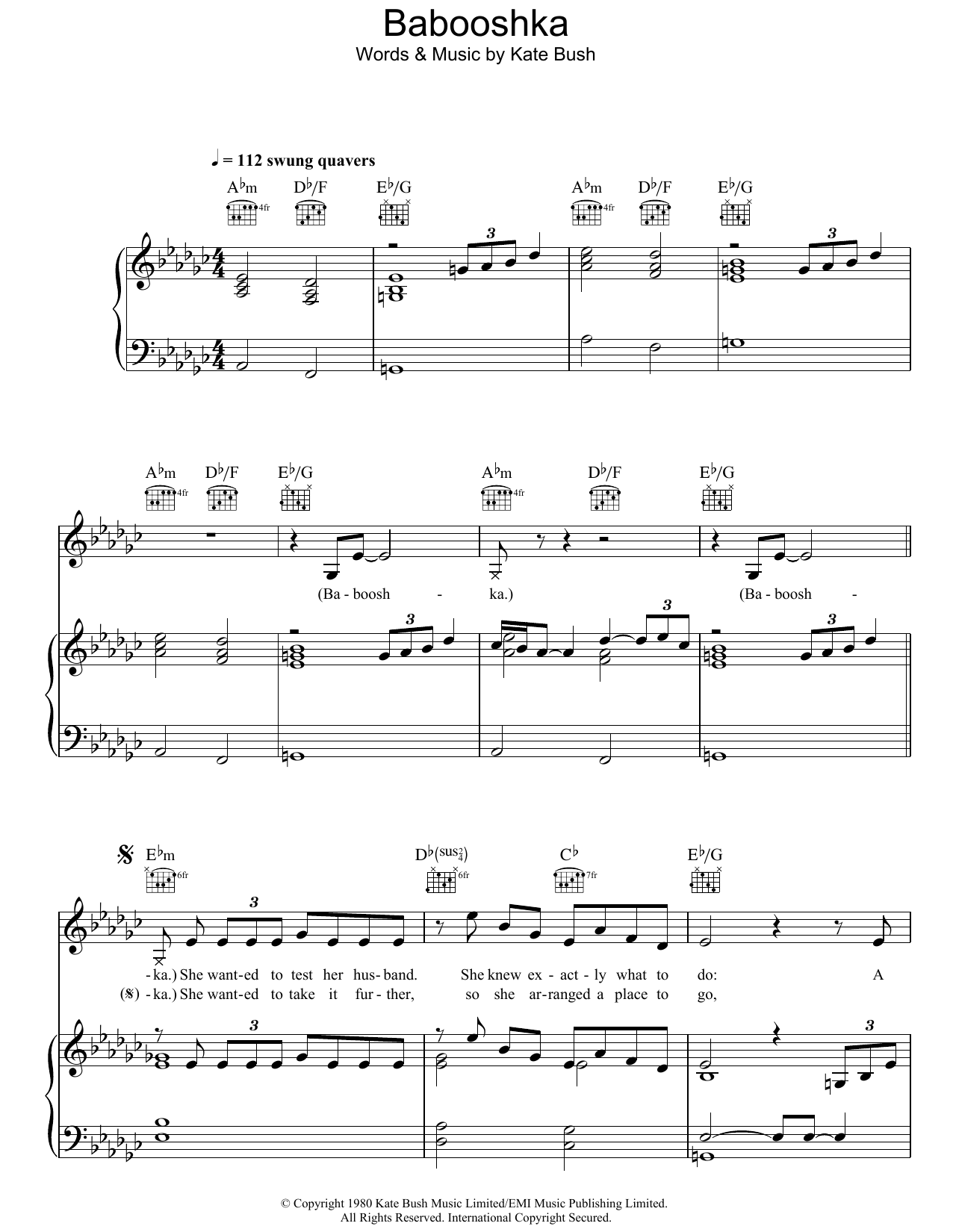 Kate Bush Babooshka Sheet Music Notes & Chords for Piano, Vocal & Guitar (Right-Hand Melody) - Download or Print PDF