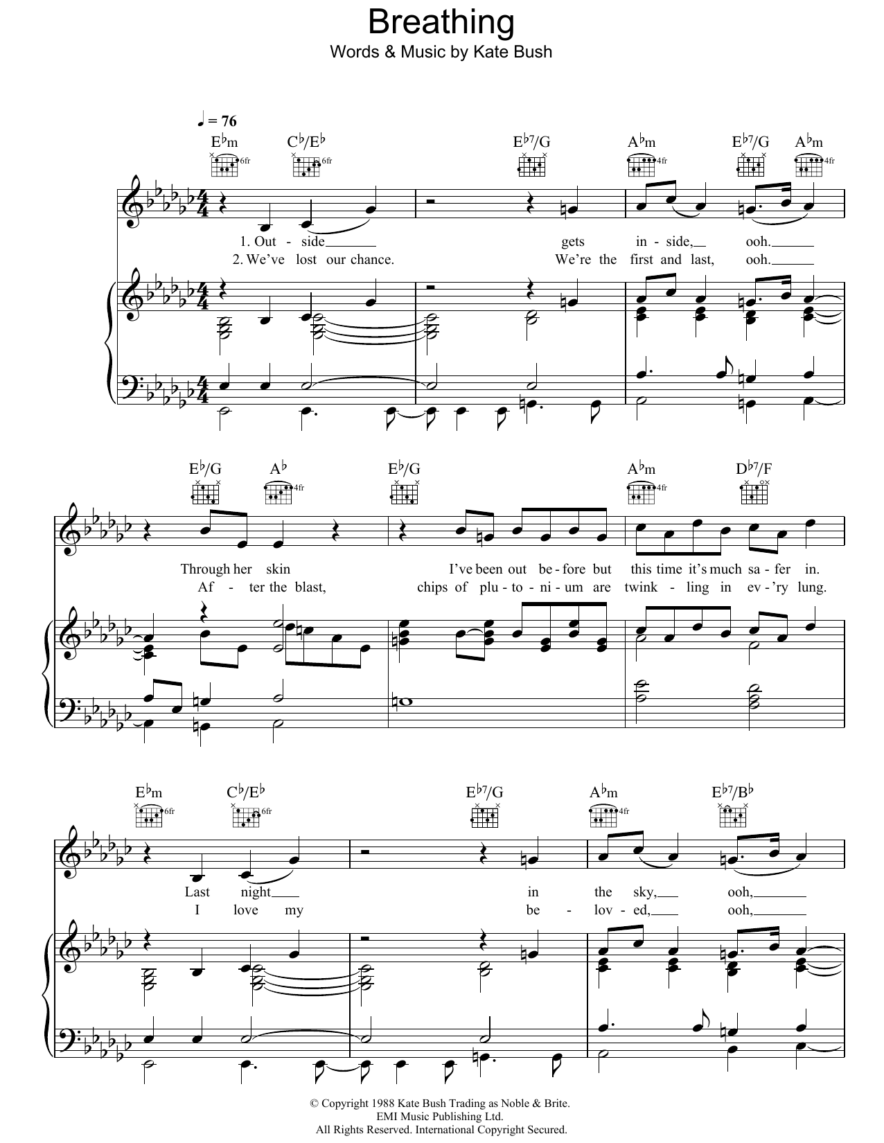 Kate Bush Breathing Sheet Music Notes & Chords for Piano, Vocal & Guitar (Right-Hand Melody) - Download or Print PDF