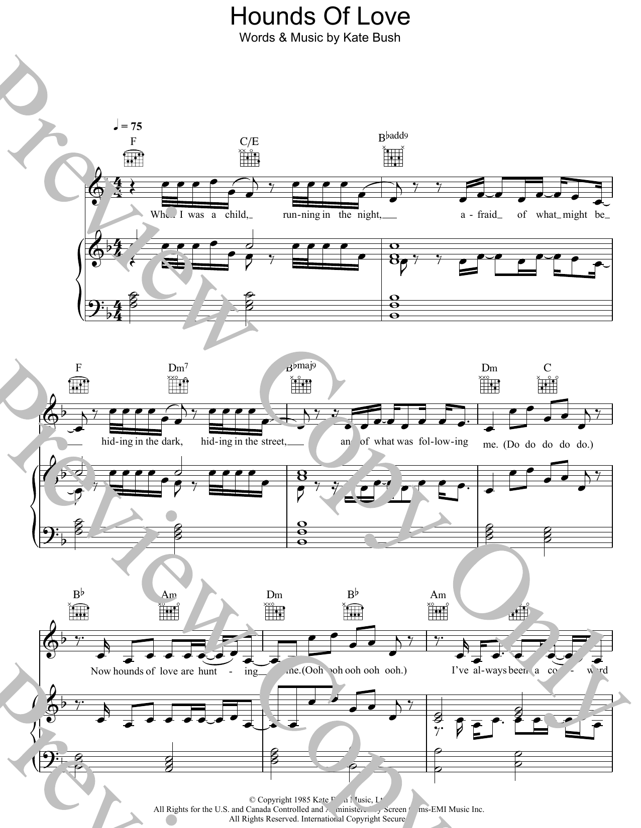 Kate Bush Hounds Of Love Sheet Music Notes & Chords for Piano, Vocal & Guitar (Right-Hand Melody) - Download or Print PDF