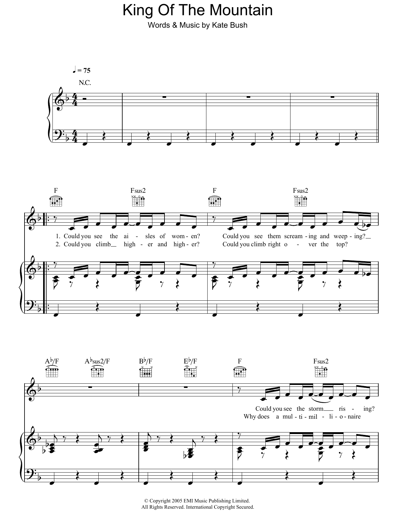Kate Bush King Of The Mountain Sheet Music Notes & Chords for Piano, Vocal & Guitar (Right-Hand Melody) - Download or Print PDF