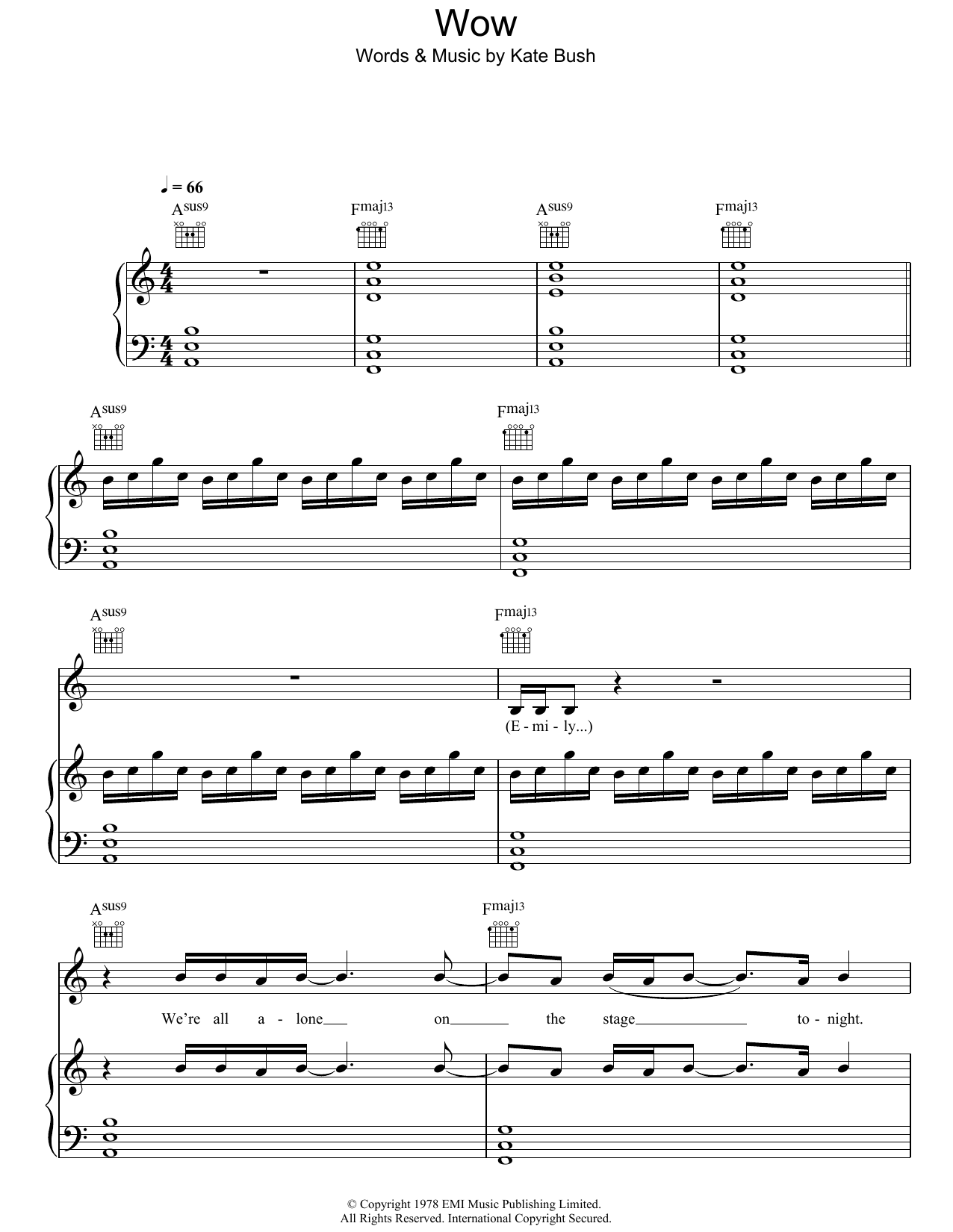 Kate Bush Wow Sheet Music Notes & Chords for Piano, Vocal & Guitar (Right-Hand Melody) - Download or Print PDF