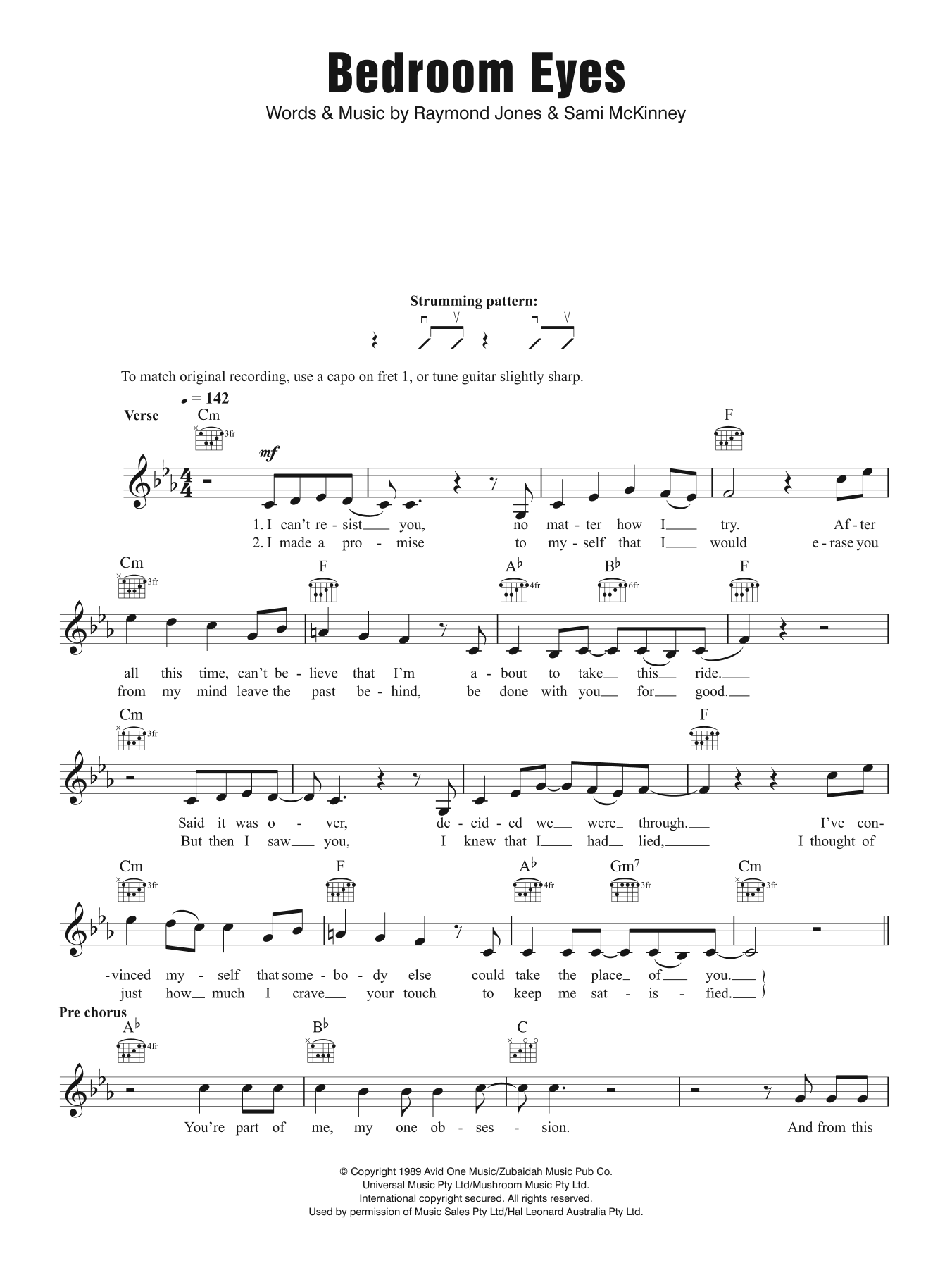 Kate Ceberano Bedroom Eyes Sheet Music Notes & Chords for Piano, Vocal & Guitar (Right-Hand Melody) - Download or Print PDF