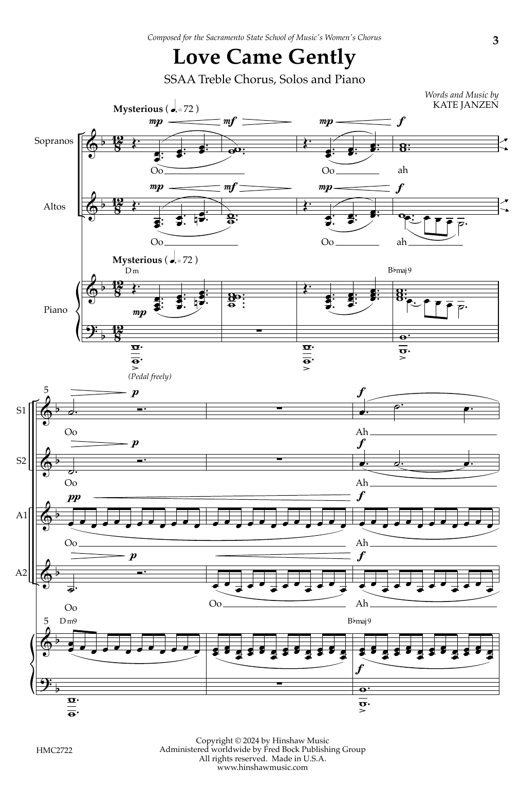 Kate Janzen Love Came Gently Sheet Music Notes & Chords for SSAA Choir - Download or Print PDF