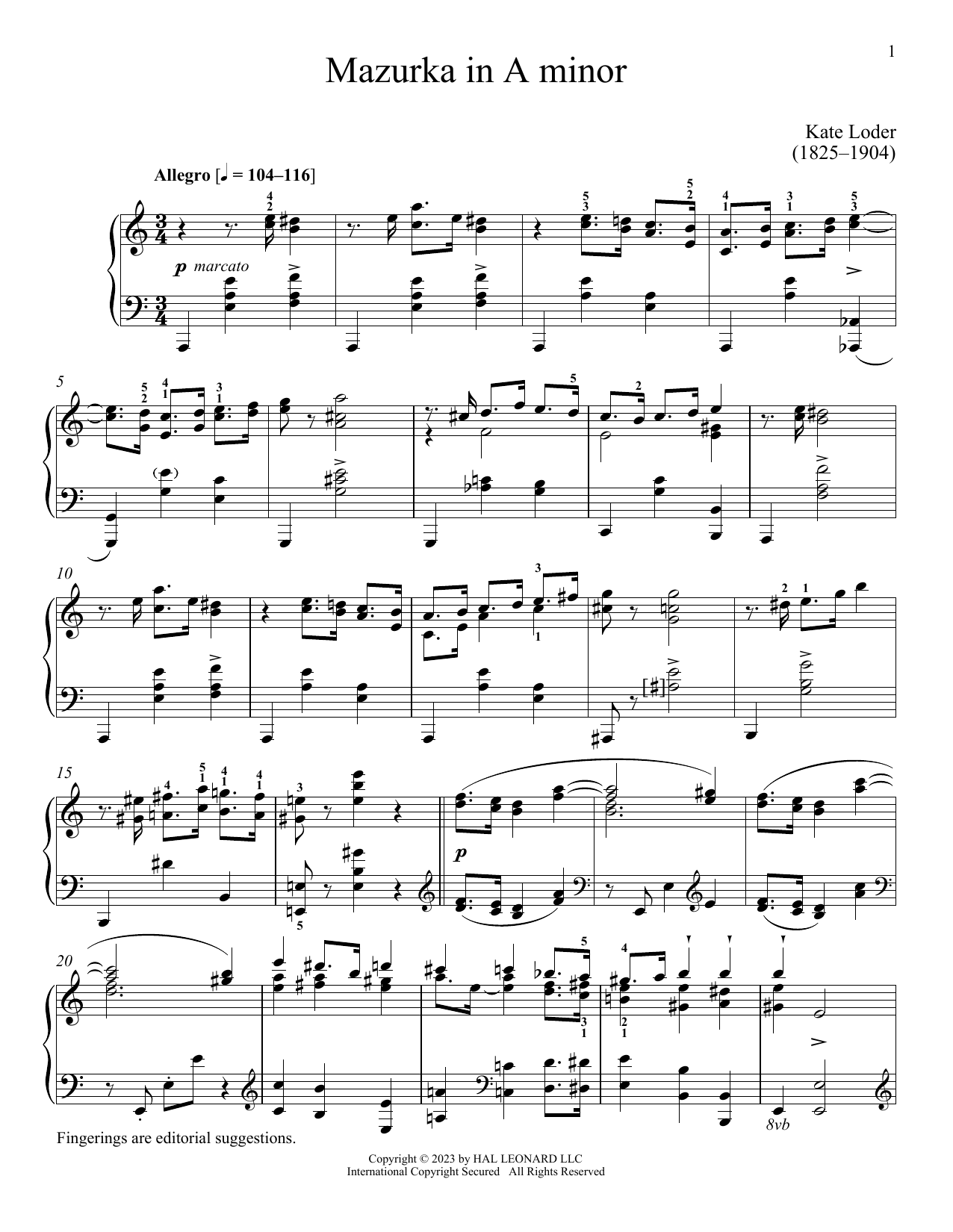 Kate Loder Mazurka in A minor Sheet Music Notes & Chords for Piano Solo - Download or Print PDF