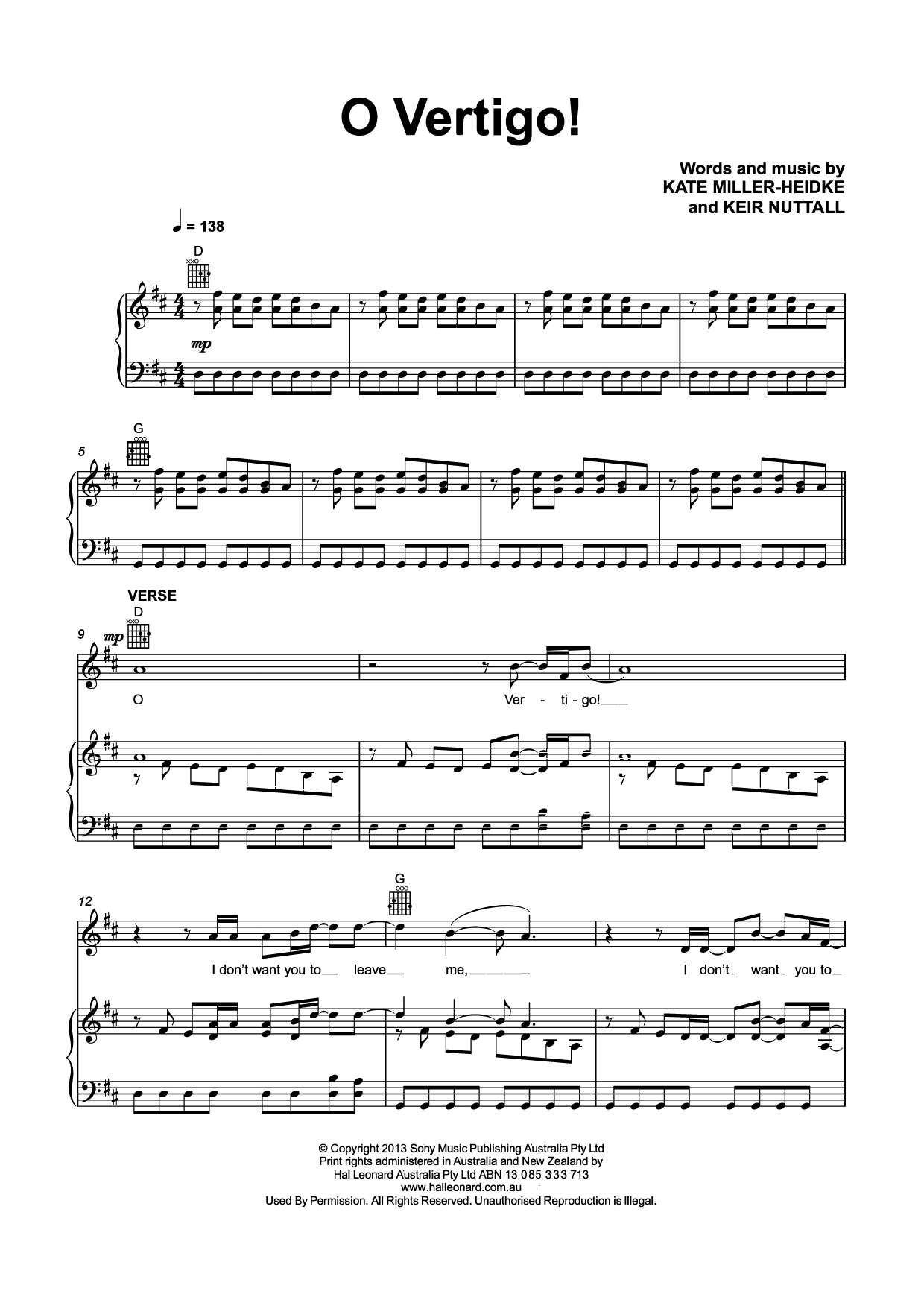 Kate Miller-Heidke O Vertigo! Sheet Music Notes & Chords for Piano, Vocal & Guitar (Right-Hand Melody) - Download or Print PDF