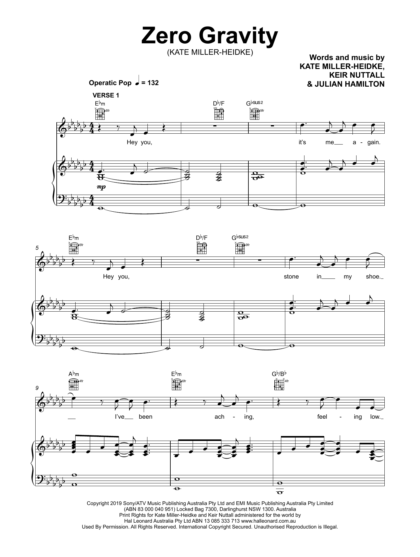 Kate Miller-Heidke Zero Gravity Sheet Music Notes & Chords for Piano, Vocal & Guitar (Right-Hand Melody) - Download or Print PDF