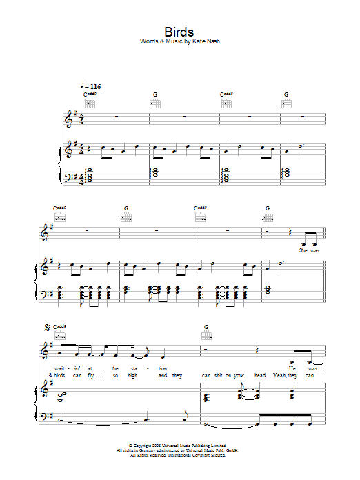 Kate Nash Birds Sheet Music Notes & Chords for Piano, Vocal & Guitar - Download or Print PDF