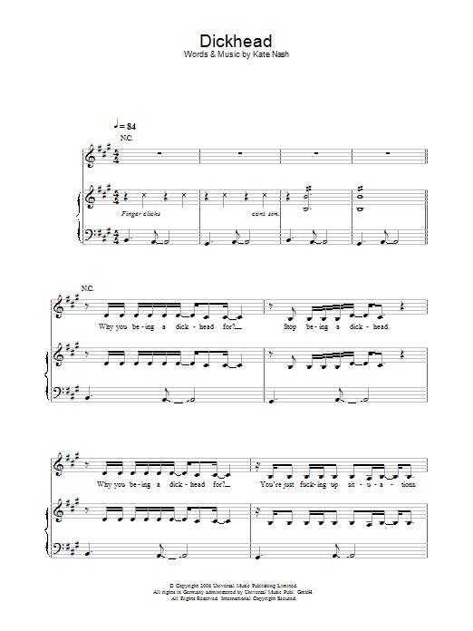 Kate Nash Dickhead Sheet Music Notes & Chords for Piano, Vocal & Guitar - Download or Print PDF