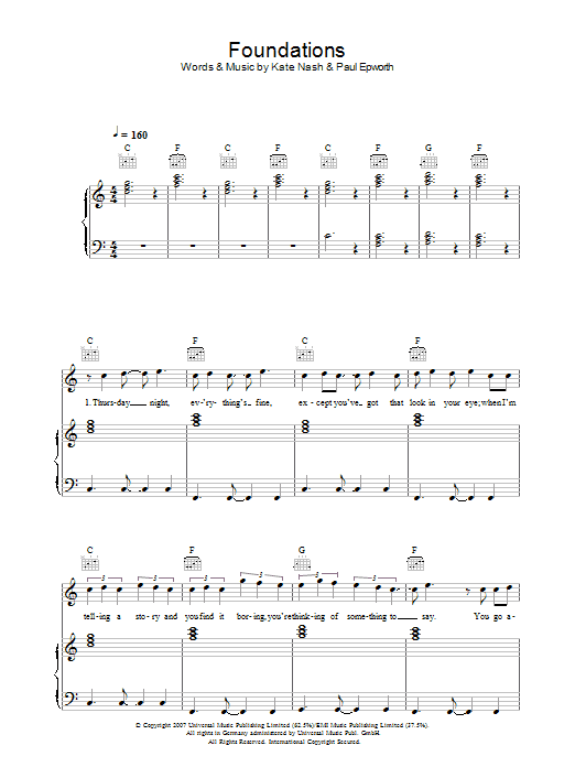 Kate Nash Foundations Sheet Music Notes & Chords for Piano Chords/Lyrics - Download or Print PDF