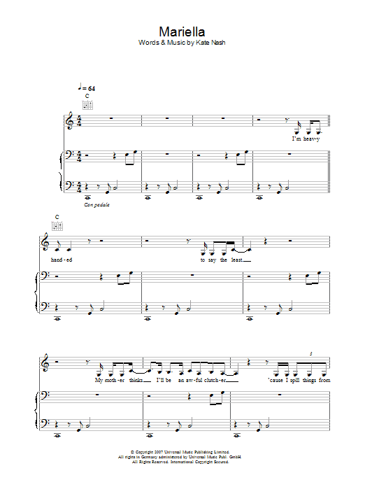 Kate Nash Mariella Sheet Music Notes & Chords for Piano, Vocal & Guitar - Download or Print PDF