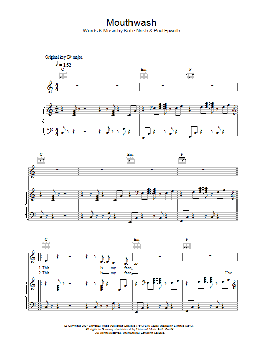 Kate Nash Mouthwash Sheet Music Notes & Chords for Piano, Vocal & Guitar - Download or Print PDF