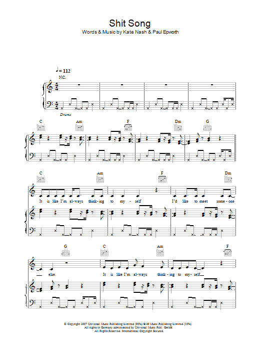 Kate Nash Shit Song Sheet Music Notes & Chords for Piano, Vocal & Guitar - Download or Print PDF