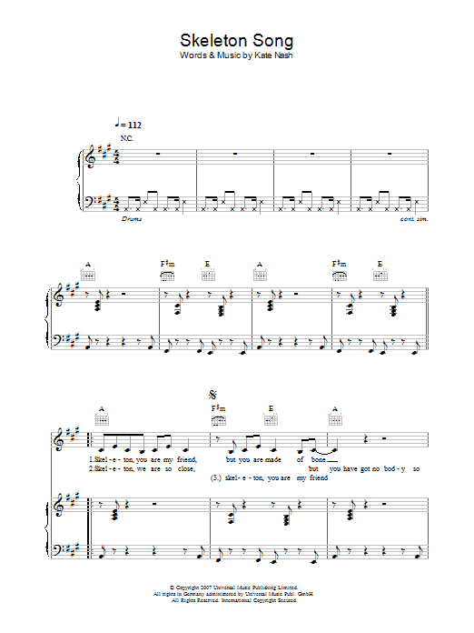 Kate Nash Skeleton Song Sheet Music Notes & Chords for Piano, Vocal & Guitar - Download or Print PDF