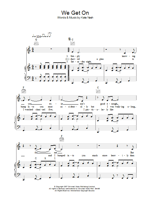 Kate Nash We Get On Sheet Music Notes & Chords for Piano, Vocal & Guitar - Download or Print PDF