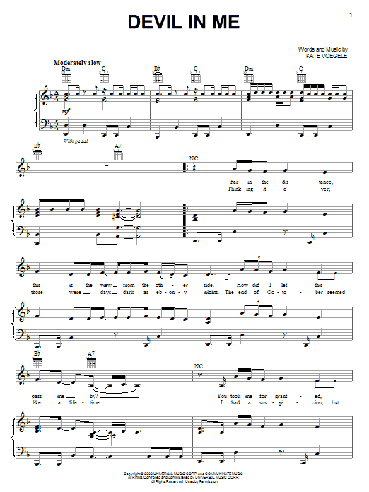 Kate Voegele Devil In Me Sheet Music Notes & Chords for Piano, Vocal & Guitar (Right-Hand Melody) - Download or Print PDF