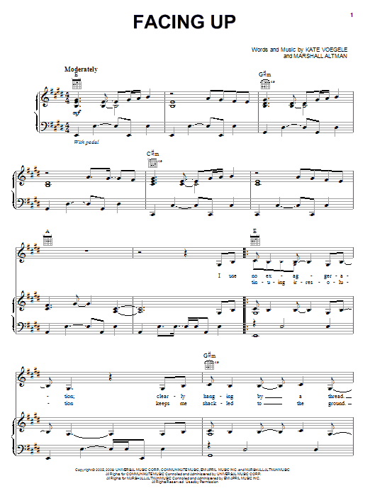Kate Voegele Facing Up Sheet Music Notes & Chords for Piano, Vocal & Guitar (Right-Hand Melody) - Download or Print PDF