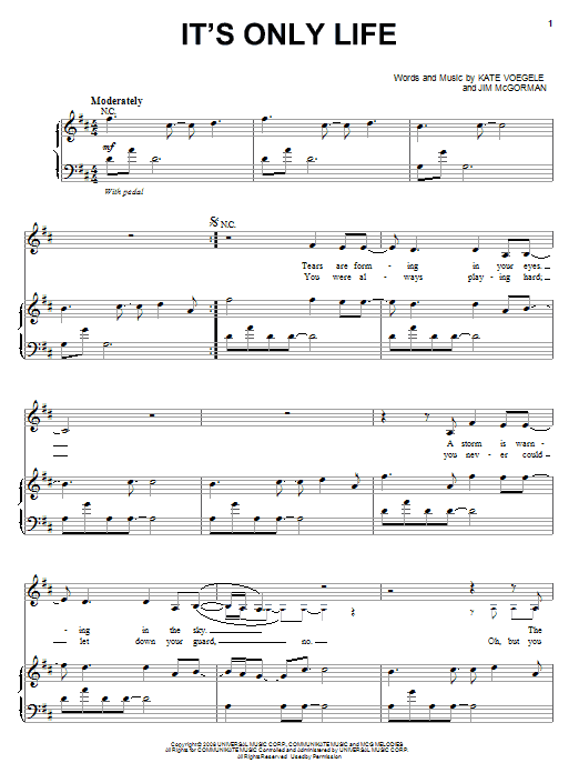 Kate Voegele It's Only Life Sheet Music Notes & Chords for Piano, Vocal & Guitar (Right-Hand Melody) - Download or Print PDF