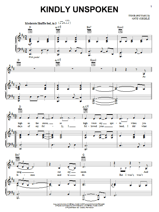 Kate Voegele Kindly Unspoken Sheet Music Notes & Chords for Piano, Vocal & Guitar (Right-Hand Melody) - Download or Print PDF