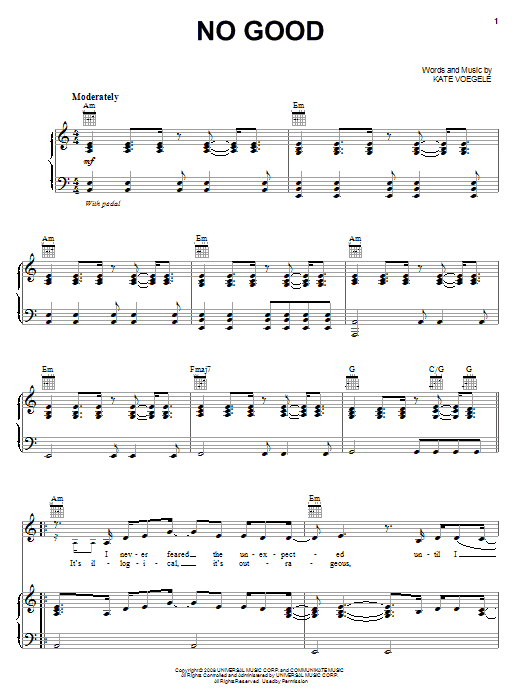 Kate Voegele No Good Sheet Music Notes & Chords for Piano, Vocal & Guitar (Right-Hand Melody) - Download or Print PDF