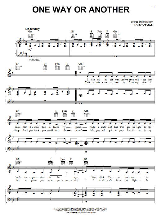 Kate Voegele One Way Or Another Sheet Music Notes & Chords for Piano, Vocal & Guitar (Right-Hand Melody) - Download or Print PDF