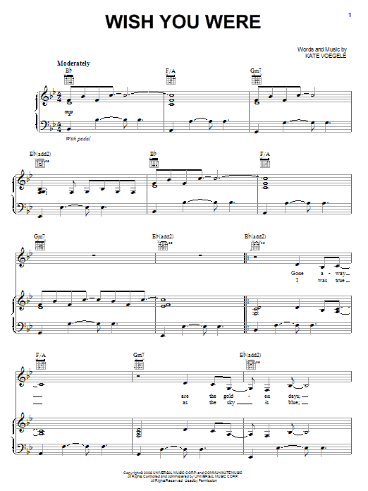 Kate Voegele Wish You Were Sheet Music Notes & Chords for Piano, Vocal & Guitar (Right-Hand Melody) - Download or Print PDF