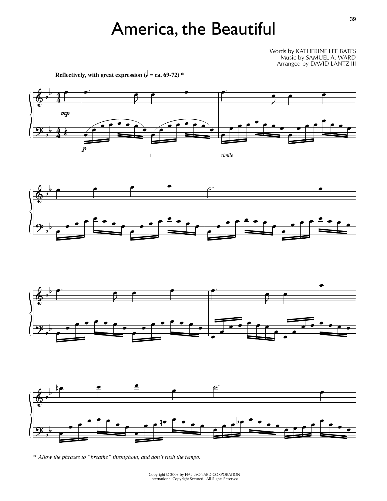 Katharine Lee Bates America, The Beautiful (arr. David Lantz III) Sheet Music Notes & Chords for Piano Solo - Download or Print PDF