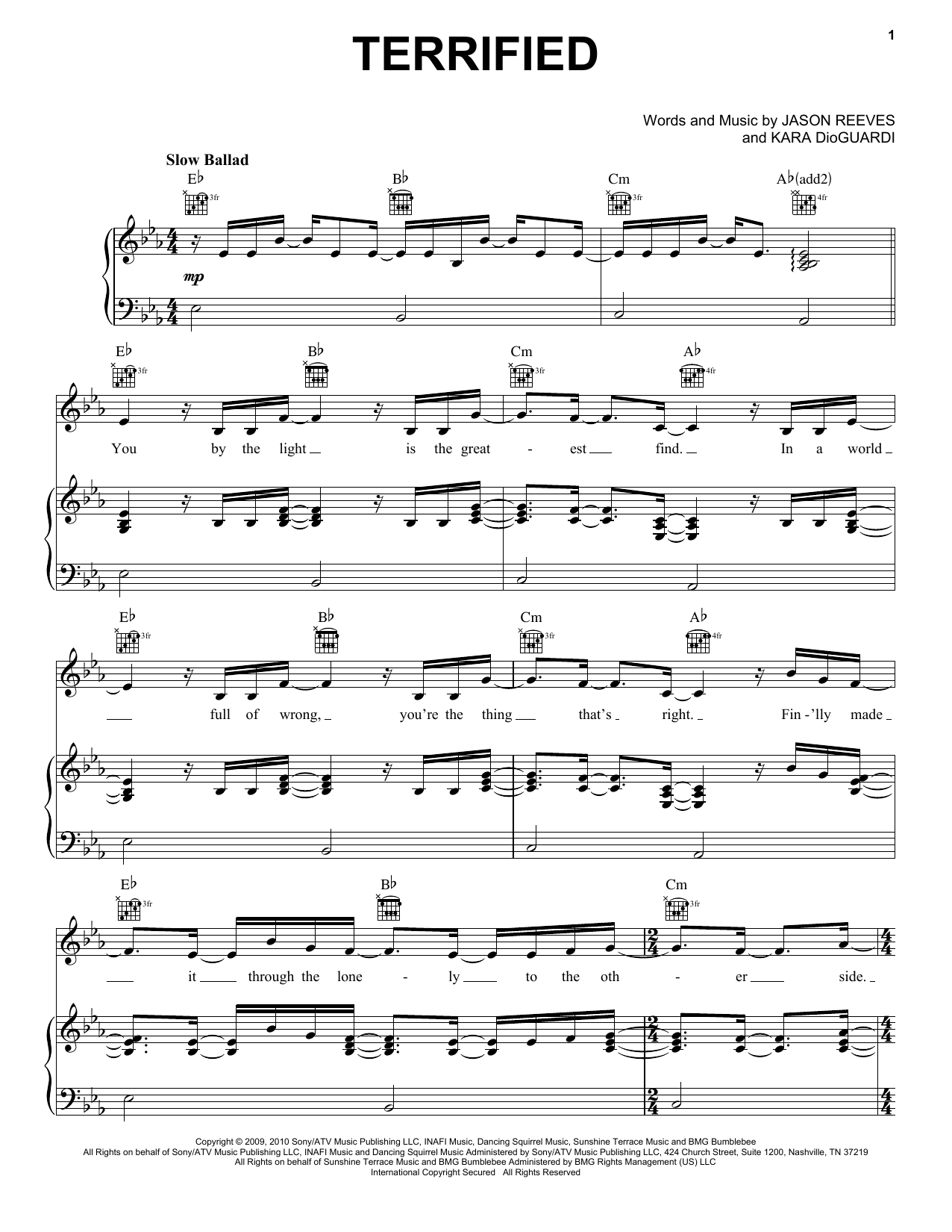 Katharine McPhee Terrified Sheet Music Notes & Chords for Piano, Vocal & Guitar (Right-Hand Melody) - Download or Print PDF