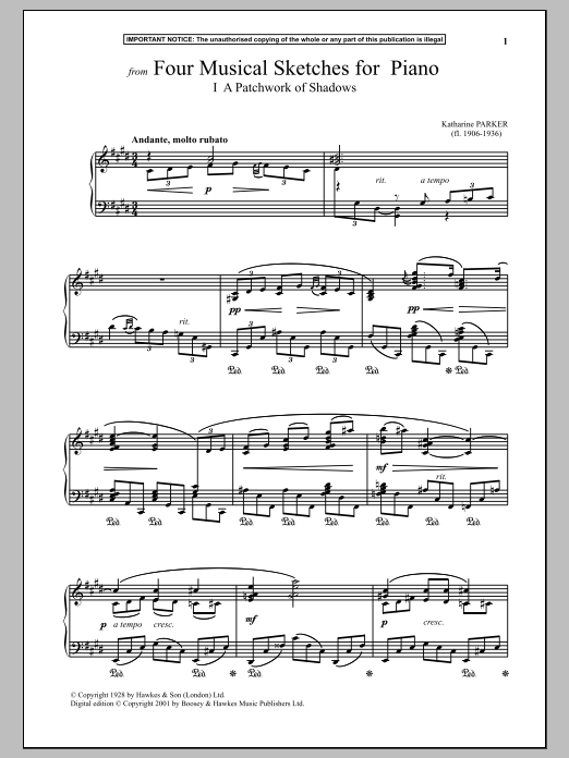 Katharine Parker Four Musical Sketches For Piano, A Patchwork Of Shadows Sheet Music Notes & Chords for Piano Solo - Download or Print PDF