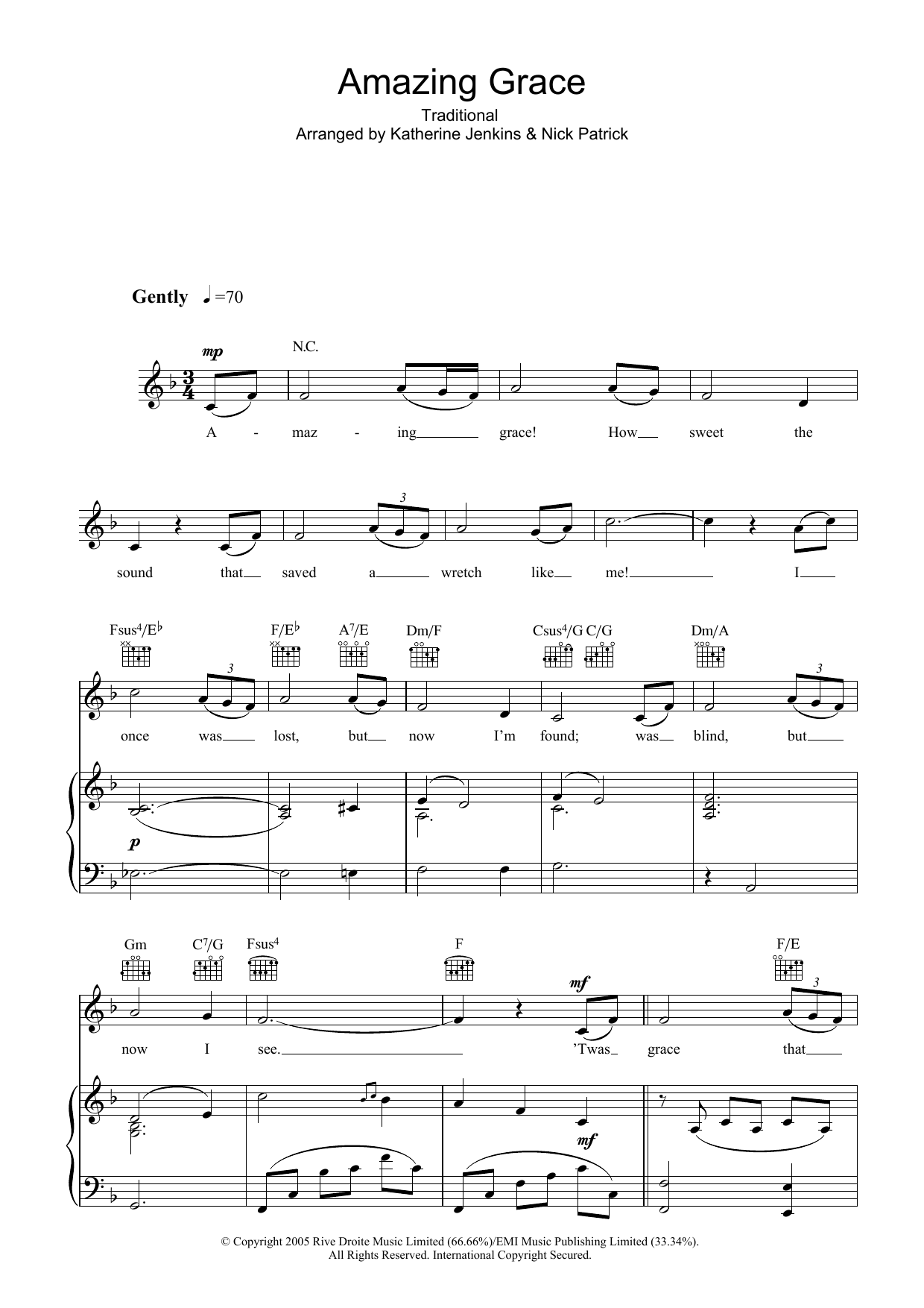 Katherine Jenkins Amazing Grace Sheet Music Notes & Chords for Piano, Vocal & Guitar - Download or Print PDF