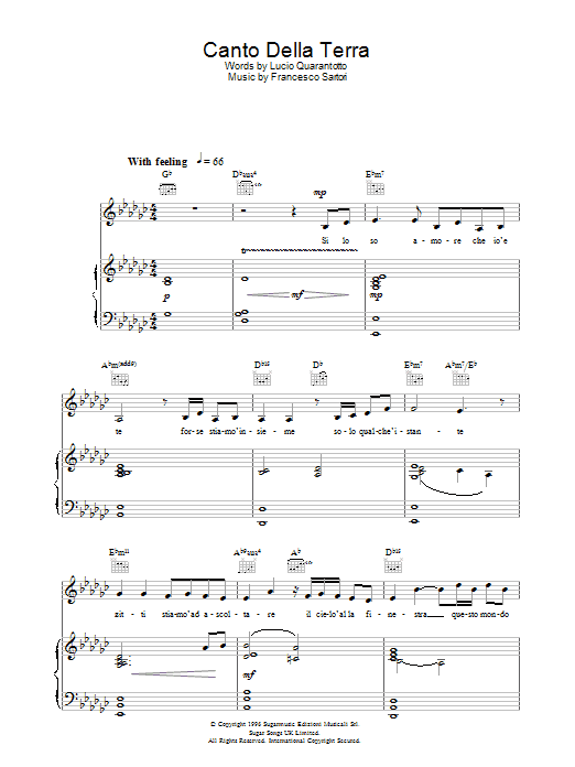 Katherine Jenkins Canto Della Terra Sheet Music Notes & Chords for Piano, Vocal & Guitar - Download or Print PDF