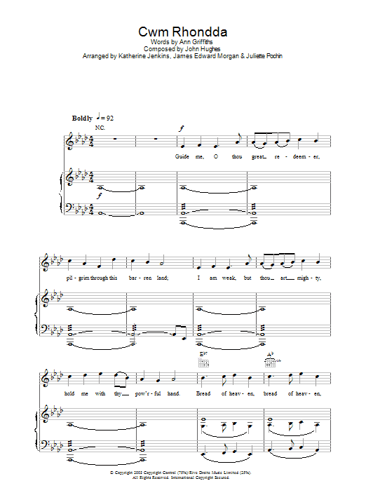 Katherine Jenkins Cwm Rhondda Sheet Music Notes & Chords for Piano, Vocal & Guitar - Download or Print PDF