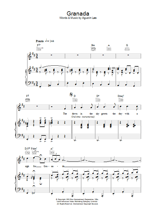 Katherine Jenkins Granada Sheet Music Notes & Chords for Real Book – Melody & Chords - Download or Print PDF