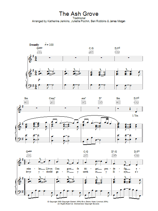 Katherine Jenkins The Ash Grove (Llwyn On) Sheet Music Notes & Chords for Piano, Vocal & Guitar - Download or Print PDF Katherine Jenkins The Ash Grove (Llwyn On) Sheet Music Notes & Chords for Piano, Vocal & Guitar - Download or Print PDF