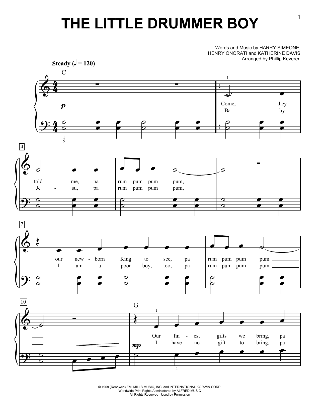 Katherine Davis The Little Drummer Boy (arr. Phillip Keveren) Sheet Music Notes & Chords for Easy Piano - Download or Print PDF