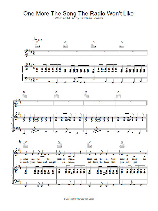 Kathleen Edwards One More The Song The Radio Won't Like Sheet Music Notes & Chords for Piano, Vocal & Guitar - Download or Print PDF