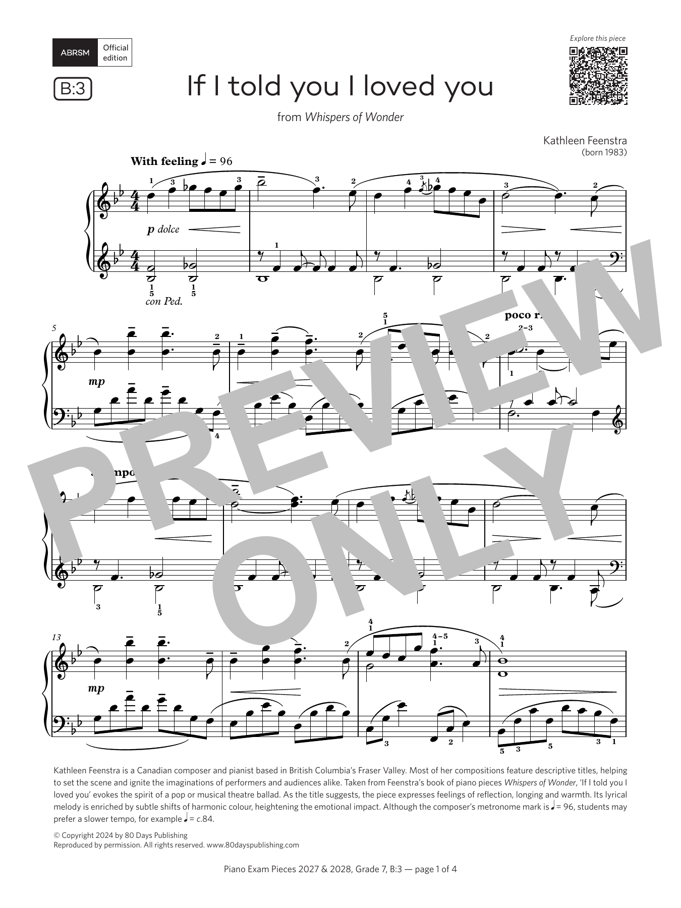 Kathleen Feenstra If I told you I loved you (Grade 7, list B3, from the ABRSM Piano Syllabus 2027 & 2028) Sheet Music Notes & Chords for Piano Solo - Download or Print PDF