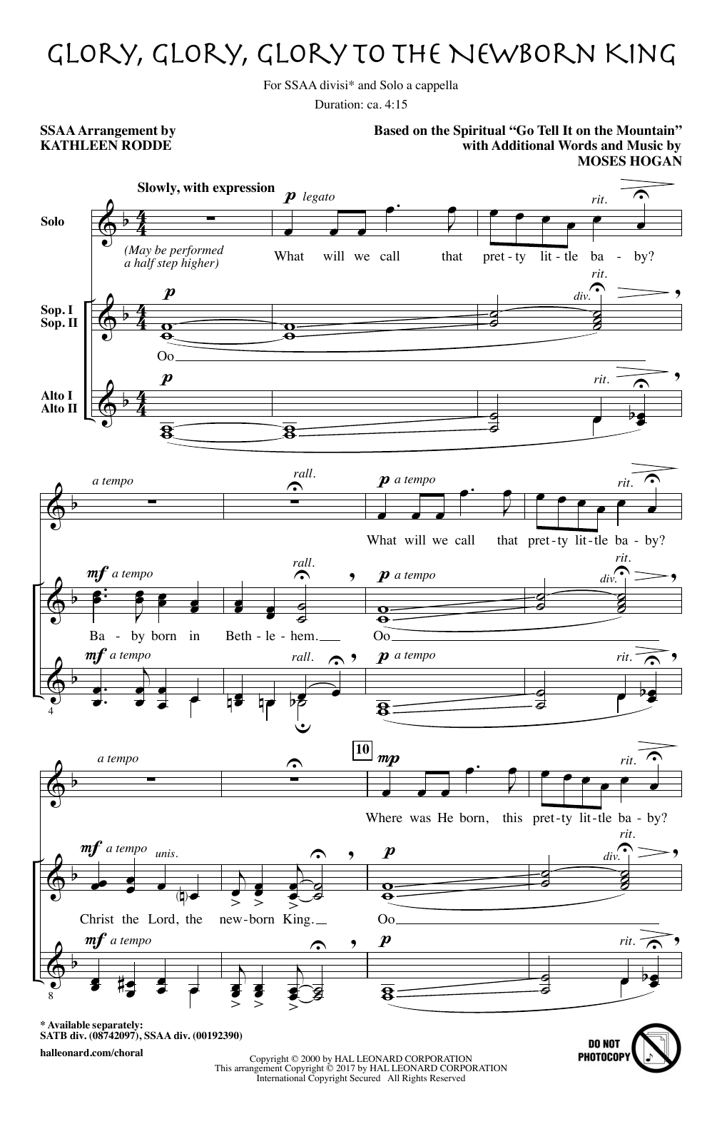 Kathleen Rodde Glory, Glory, Glory To The Newborn King Sheet Music Notes & Chords for SSA - Download or Print PDF