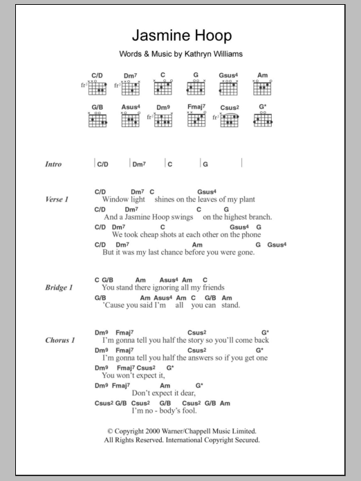 Kathryn Williams Jasmine Hoop Sheet Music Notes & Chords for Lyrics & Chords - Download or Print PDF