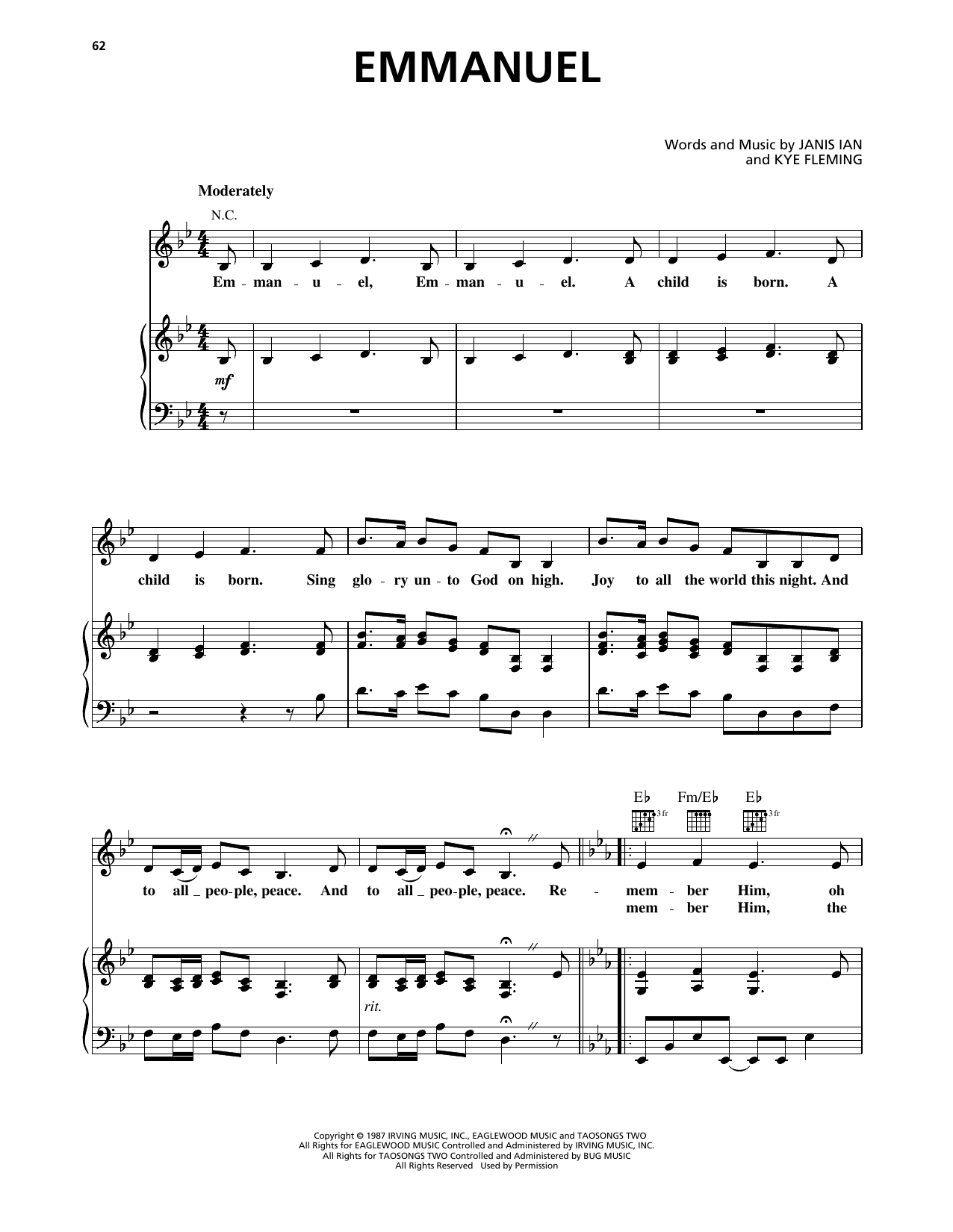 Kathy Mattea Emmanuel Sheet Music Notes & Chords for Piano, Vocal & Guitar Chords (Right-Hand Melody) - Download or Print PDF