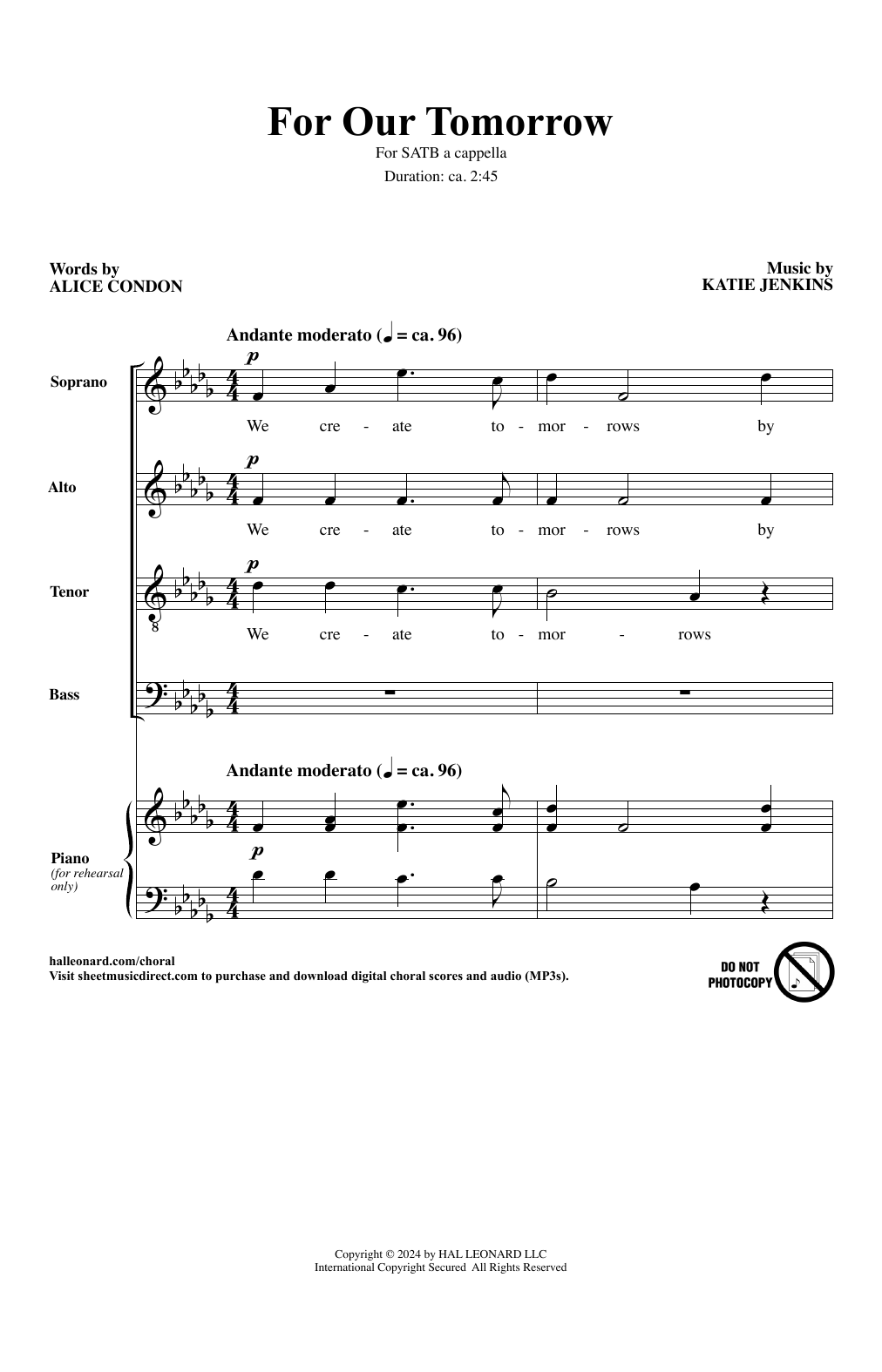 Katie Jenkins For Our Tomorrow Sheet Music Notes & Chords for SATB Choir - Download or Print PDF